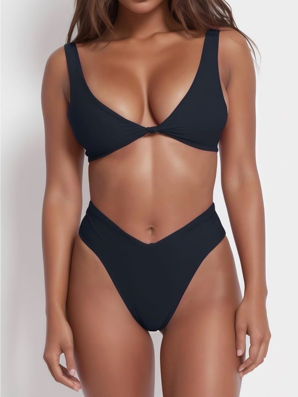 Geluboao Black Bikini Set High Waisted V-Neck Swimsuit Knot Front M NWT